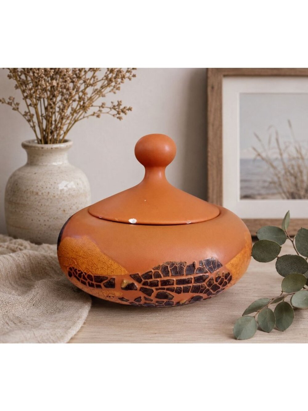 VTG Royal Haeger Mid Century Decor Lidded Crackle Glaze Terracotta Art Pottery